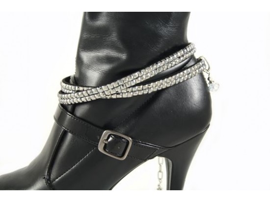 Metallic Silver Crystals Flat Wrap Shoe Boot Jewelry