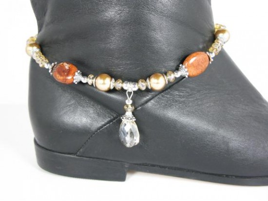 Gold Pearl Brown Stone Crystal Show Boot Jewelry Gold Pearl Brown Stone Crystal Show Boot Jewelry