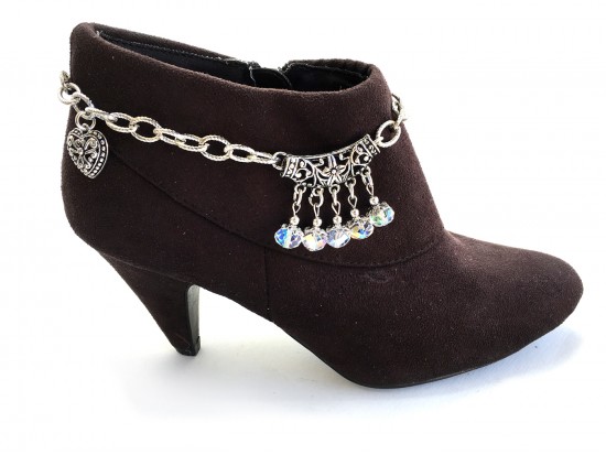 Silver Plate Floral Cut Out Crystal Charm Chain Boot Jewelry