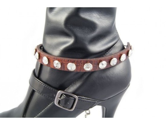Dark Brown Leather Crystal Stud Boot Shoe Jewelry