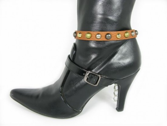 Brown Leather Metal Stud Boot Shoe Jewelry