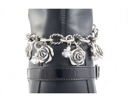 Antique Silver 3-D Rose Charms & Crystals With Twist Chain Shoe Boot Jewelry
