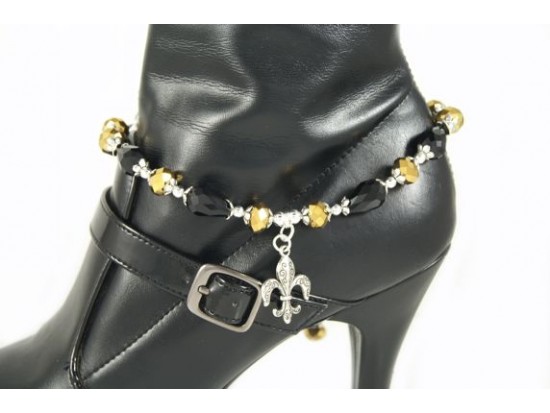 Fleur De Lis Black Teardrop Gold Crystal Shoe Boot Jewelry