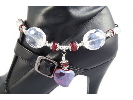 Red Off Center Heart Oval Crystal Shoe Boot Jewelry