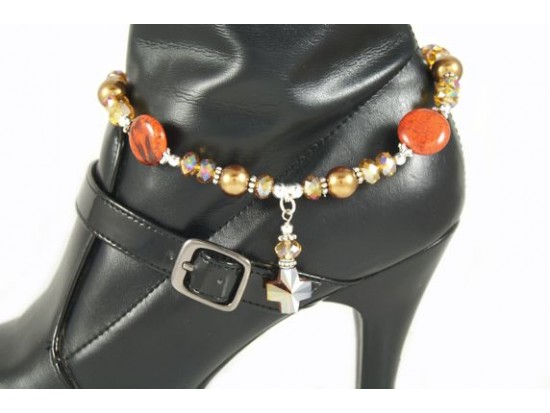 Crystal Cross Pearl Brown Stone Shoe Boot Jewelry
