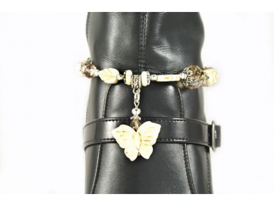 Beige 3-D Butterfly Leaf Crystal Shoe Boot Jewelry
