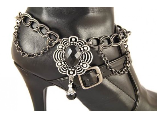 Black Oval Crystal Filigree Bezel Gun Metal Chain Shoe Jewelry Black Oval Crystal Filigree Bezel Gun Metal Chain Shoe Jewelry