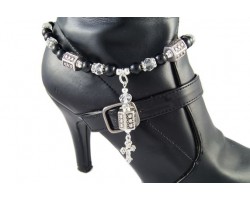 Silver Cross black Stone & Clear Crystal Shoe Boot Jewelry