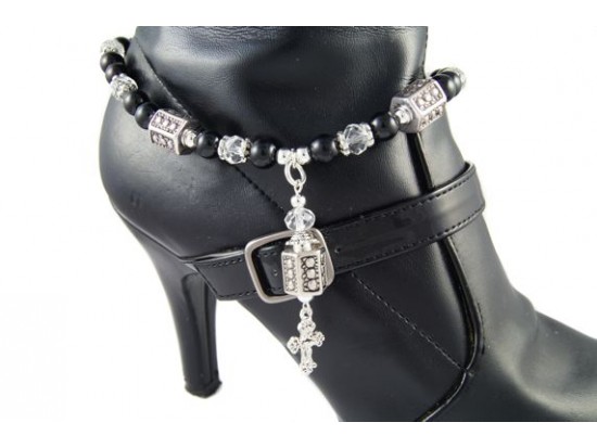 Silver Cross black Stone & Clear Crystal Shoe Boot Jewelry