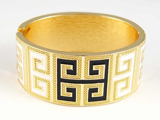 Black & White Enamel Greek Key Gold Cuff Bracelet