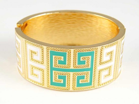 Turquoise & White Enamel Greek Key Gold Cuff Bracelet Turquoise & White Enamel Greek Key Gold Cuff Bracelet
