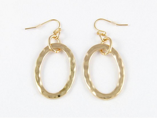 Gold Oval Hammered Hook Earrings