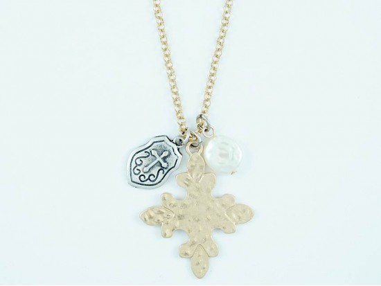 Gold Silver Distressed Star Burst Cross Shield, Pearl Charm Necklace
