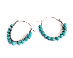 Turq Bead Wire Wrap Hoop Earrings