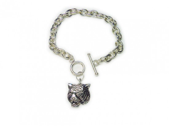 Silver Chain Link Bracelet With Tiger Face Charm