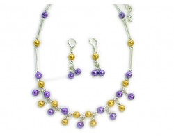 Purple Gold Glass Pearl And Silver Tube Bead Charm Necklace Set