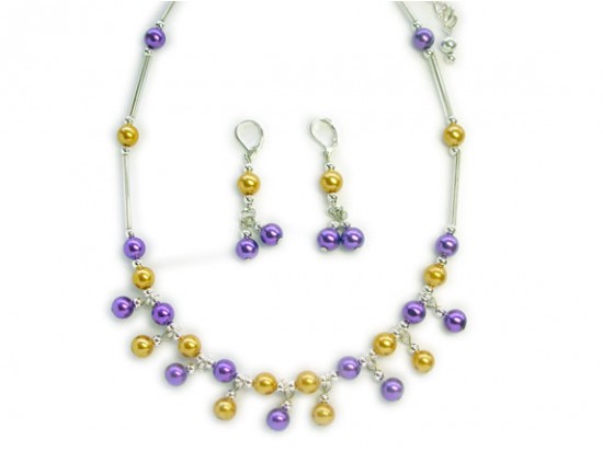 Purple Gold Glass Pearl And Silver Tube Bead Charm Necklace Set