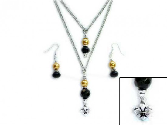 Black And Gold Saints Fleur-De-Lis Double Chain Necklace Set