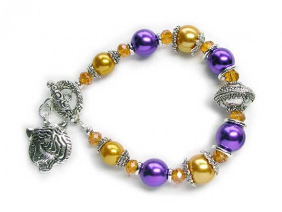 LSU Purple & Gold Pearl With Tiger Charm Toggle Bracelet