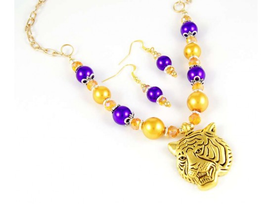 LSU Purple with Large Gold Tiger Beaded Necklace Set LSU Purple with Large Gold Tiger Beaded Necklace Set