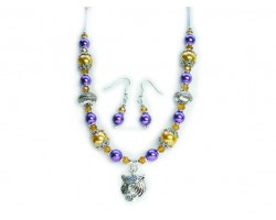 LSU Purple & Gold Pearl Bead Necklace Set With Tiger Head Pendant