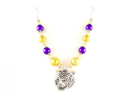 LSU Purple and Gold Large Tiger Beaded Necklace Set