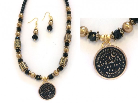 Gold Black Crystal New Orleans Water Meter Necklace Set