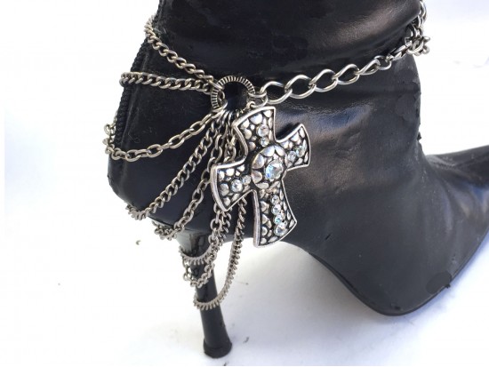 Antique Silver Cross Charm 7 Chain Shoe Boot Jewelry