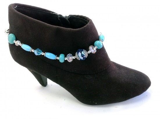 Turquoise Dyed Stone With Crystal And Silver Plated Rose Chain Shoe Boot Jewelry