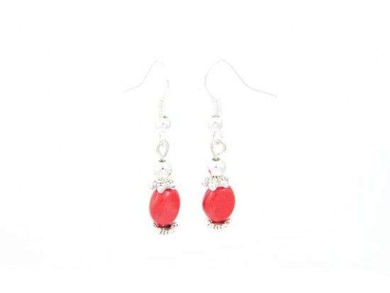 Red 9x7mm Oval Dyed Stone Beads Earring on Hooks Red 9x7mm Oval Dyed Stone Beads Earring on Hooks