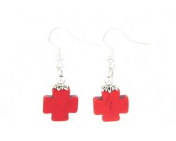 Red Square Cross Dyed Stone Ear Hooks