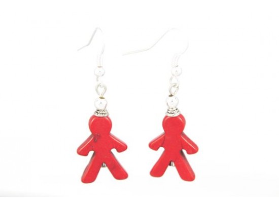 Red People Carved Dyed Stone on French Hook Earrings