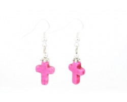 Pink 15x12mm Dyed Stone Cross Hook Earrings