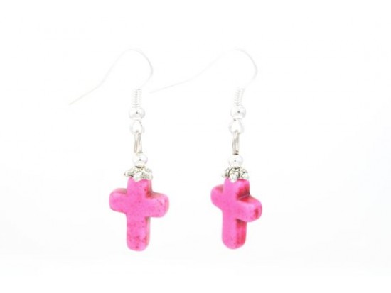 Pink 15x12mm Dyed Stone Cross Hook Earrings