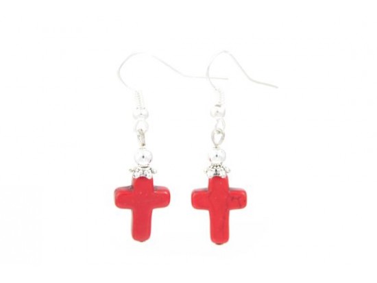 Red 15x12mm Dyed Stone Cross Hook Earrings Red 15x12mm Dyed Stone Cross Hook Earrings