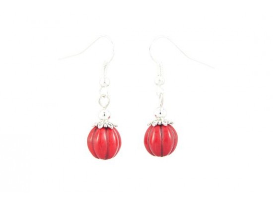 10mm Red Stone Fluted Bead Earrings on Hook 10mm Red Stone Fluted Bead Earrings on Hook