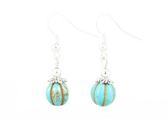 10mm Turquoise Stone Fluted Bead Earrings on Hook 10mm Turquoise Stone Fluted Bead Earrings on Hook