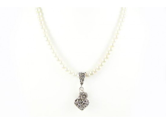 Cream Pearl Glass Silver Plate Filigree Heart Necklace Set