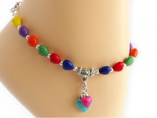 Multi Color Dyed Stone Hearts Anklet Bracelet