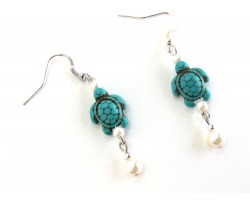 Carved Turquoise Dyed Stone Turtle Silver Plate Hook Earrings