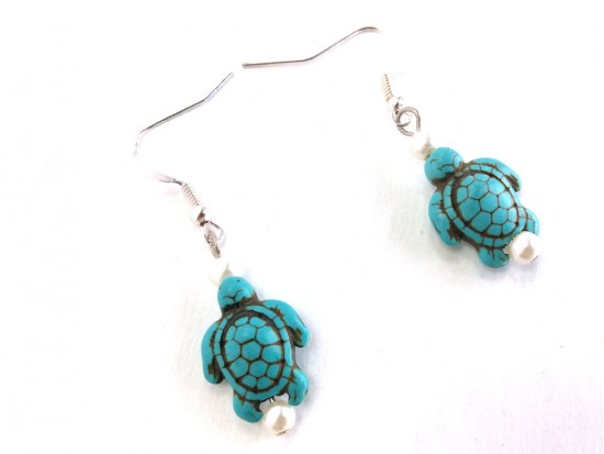 Turquoise Dyed Stone Turtle Pearl Hook Earrings Turquoise Dyed Stone Turtle Pearl Hook Earrings