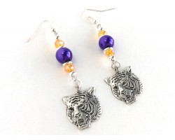Tiger Head Purple Gold Crystal Hook Earrings