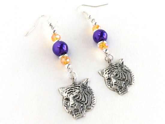 Tiger Head Purple Gold Crystal Hook Earrings