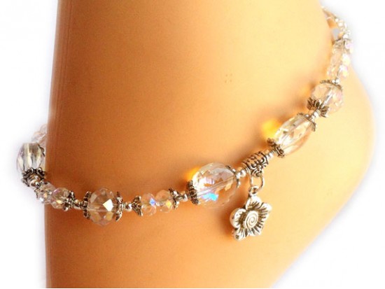 Antique Silver Rose Charm CAB Crystals Anklet Bracelet