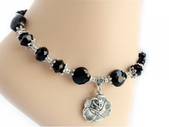 Antique Silver Rose Charm Jet Crystal Anklet Bracelet