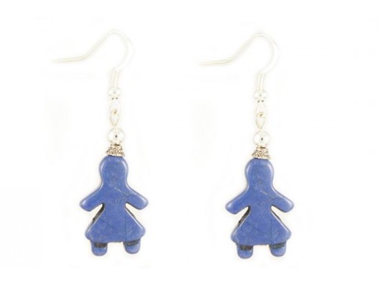 Blue Dyed Stone Girl Silver Plate Hook Earrings
