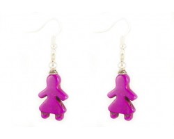 Fuchsia Dyed Stone Girl Silver Plate Hook Earrings