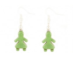 Green Dyed Stone Girl Silver Plate Hook Earrings