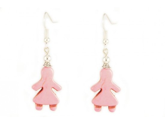 Pink Dyed Stone Girl Silver Plate Hook Earrings