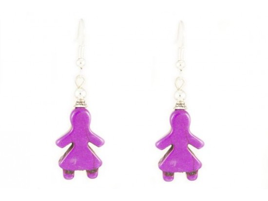 Purple Dyed Stone Girl Silver Plate Hook Earrings